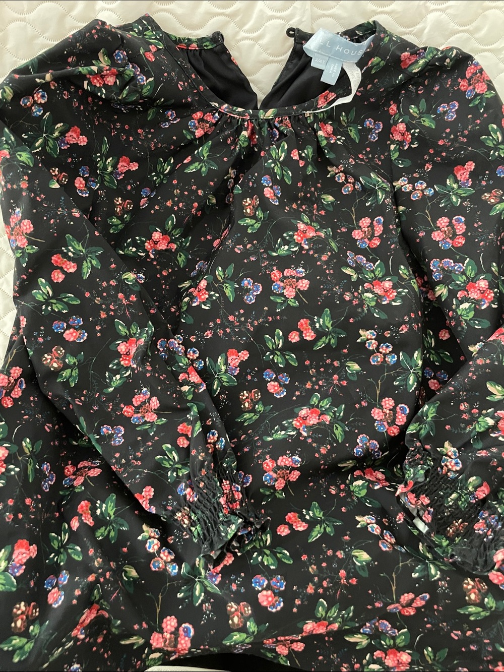 Hill House Black Floral Long-Sleeve Blouse with Red and Blue Accents